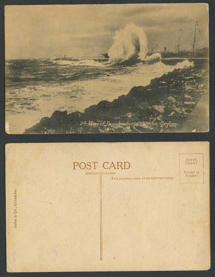 Ceylon Old Postcard Colombo Waves of Breakwater SW Monsoon Lighthouse Steam Ship
