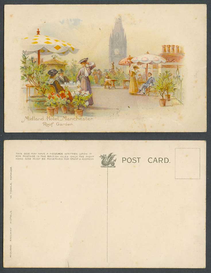 Manchester, Midland Hotel Roof Garden, Ladies Town Hall Clock Tower Old Postcard