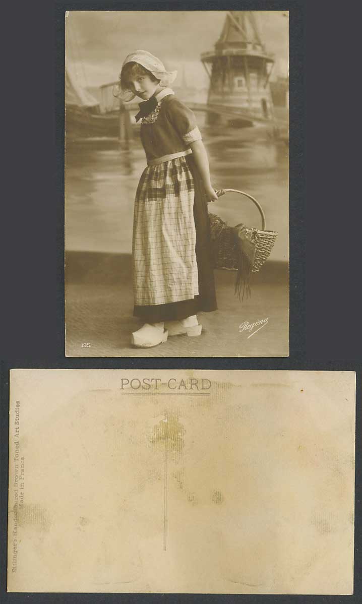 Netherlands Old Real Photo Postcard Dutch Girl with Basket Windmill Bridge Clogs