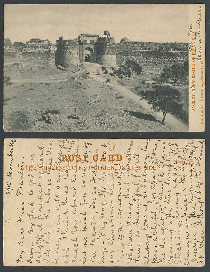 India 1906 Old UB Postcard Ancient Indraprastha Purna Kila, Delhi Gate Wall Road