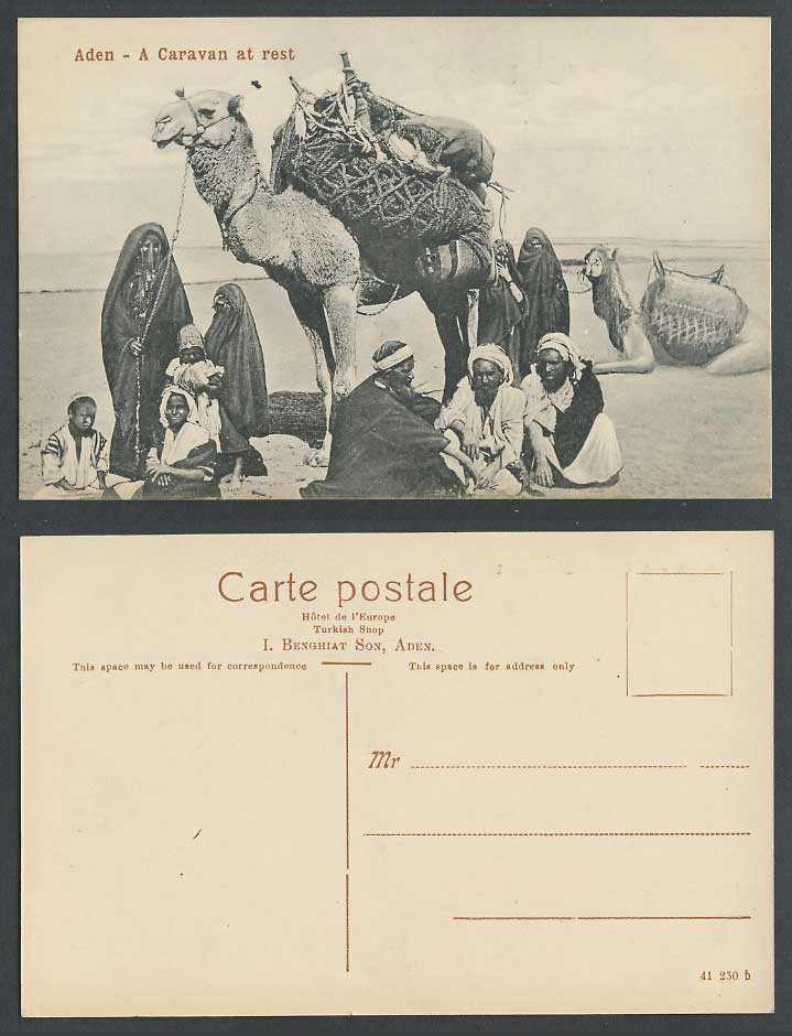Aden Old Postcard A Caravan at Rest Camels Veiled Egyptian Woman Girl Baby & Men