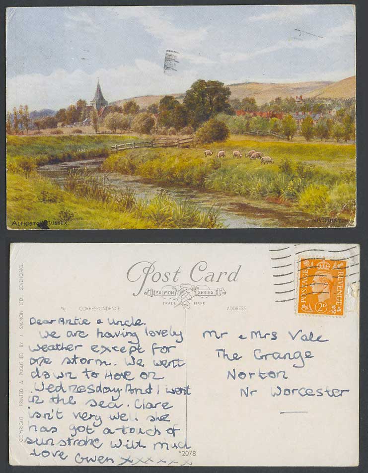 A.R. Quinton Old Postcard Alfriston Sussex Sheep River Scene Hills Panorama 2078