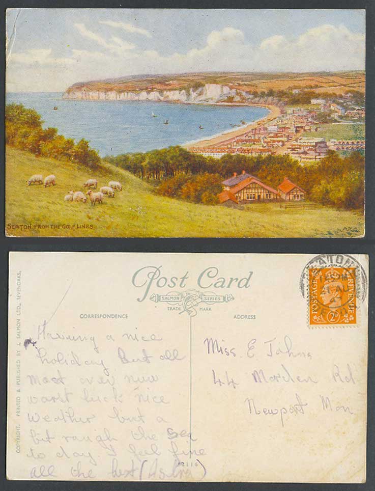 AR Quinton 1947 Old Postcard Seaton from Golf Links Devon Sheep Beach Cliff 2116