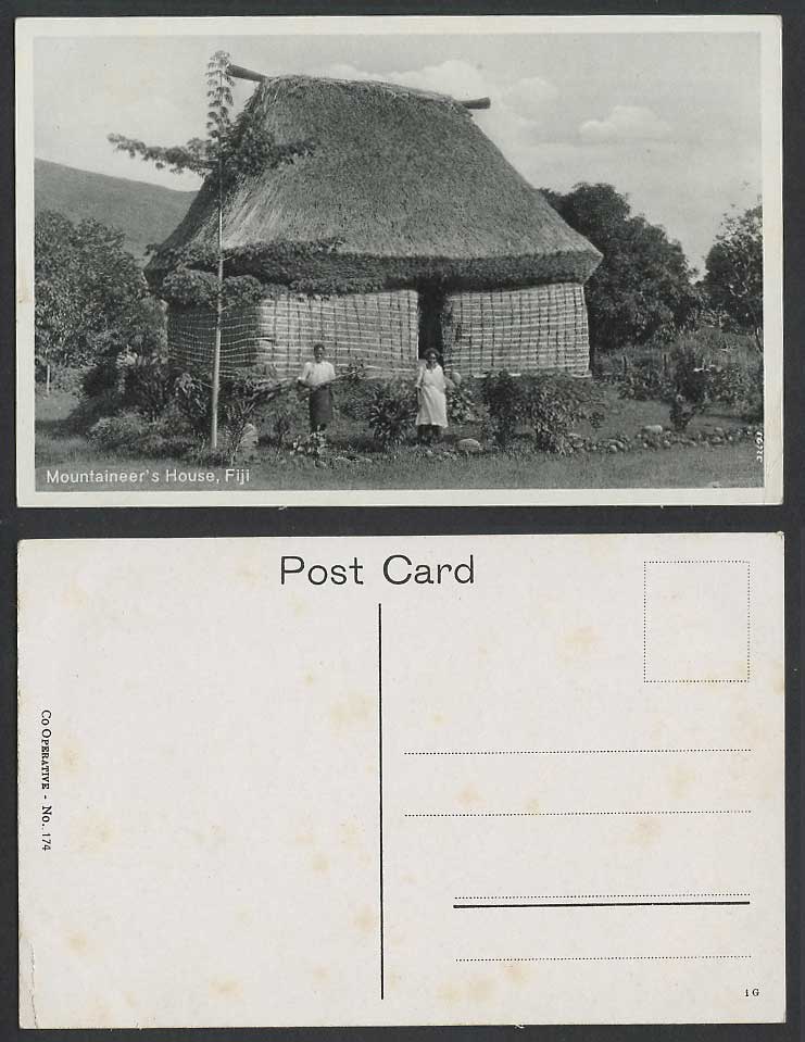 Fiji Old Postcard Mountaineer's House Native Fijian Man with Gun Woman Co Op 174