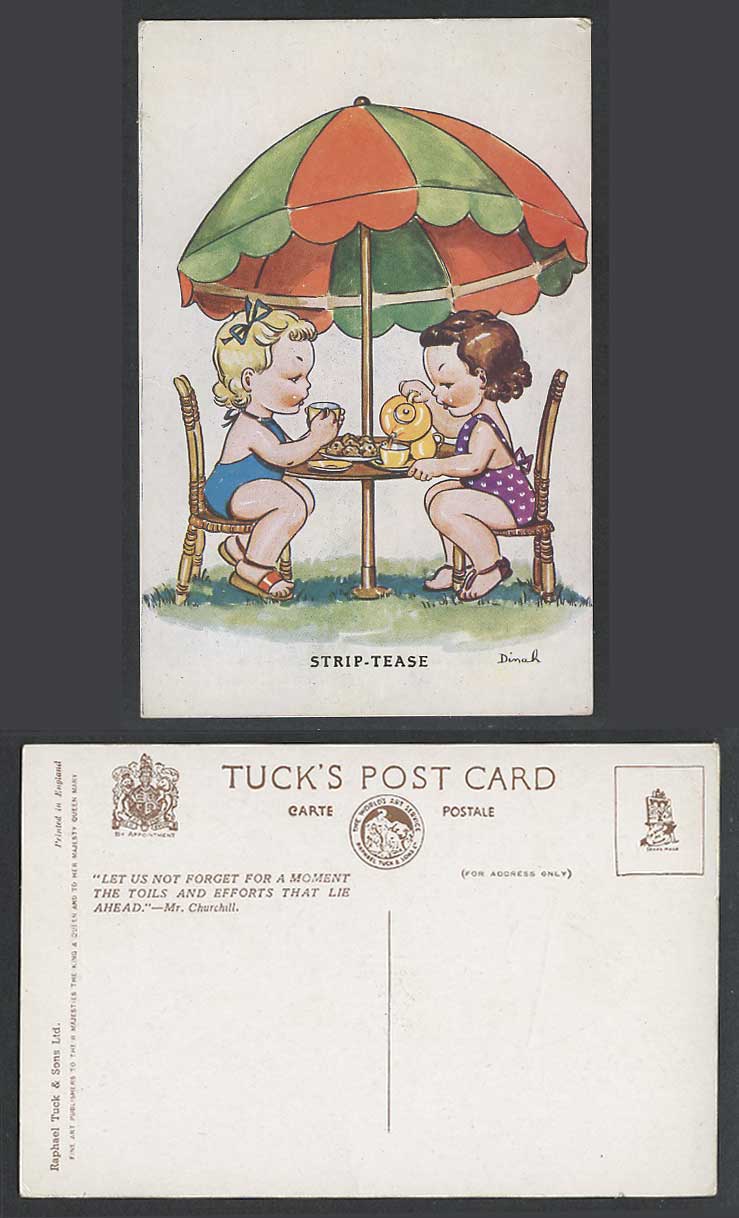 DINAH Artist Signed Old Tucks Postcard Strip-Tease Girls Cup of Tea Sunshade WW2