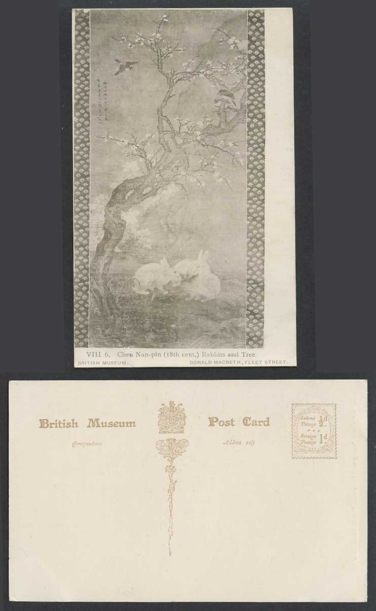 China Old Postcard Chen Nan-Pin 18th Cent. Rabbits and Tree Birds British Museum