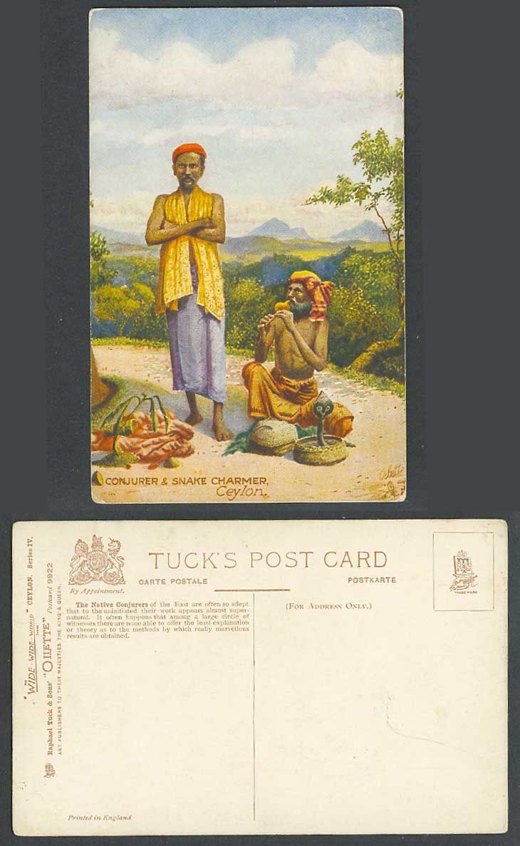 Ceylon Old Tuck's Oilette Postcard Native Conjurer and Snake Charmer of The East