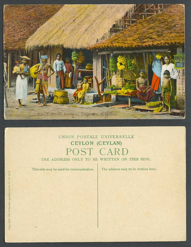 Ceylon Old Colour Postcard Natives Boutiques Colombo Bananas, Women Men Children