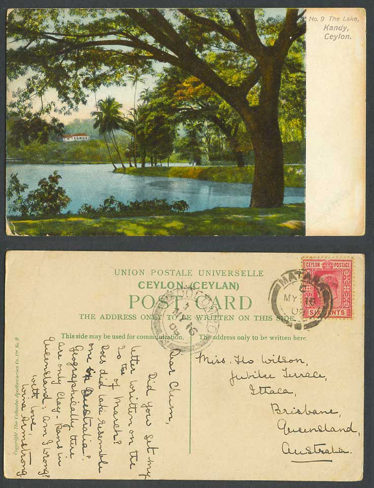 Ceylon KE7 6c to Australia 1909 Old Colour Postcard The Lake Kandy Palm Trees
