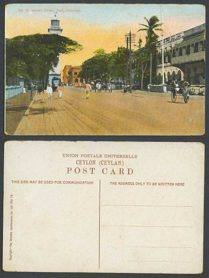 Ceylon Old Colour Postcard Queen Street Scene Fort Colombo Lighthouse Rickshaw78