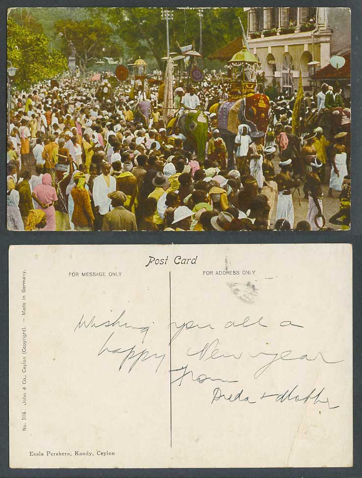 Ceylon Old Colour Postcard Esala Perahera Kandy, Elephants Street Procession 104