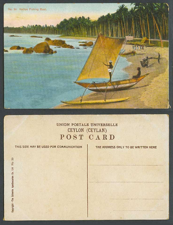 Ceylon Old Colour Postcard Native Fishing Boat Sailing Canoe Fishermen Palm Tree