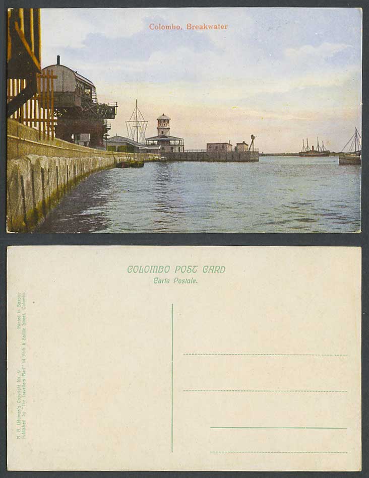 Ceylon Old Colour Postcard Colombo Breakwater Lighthouse Ships Boats Harbour N.9