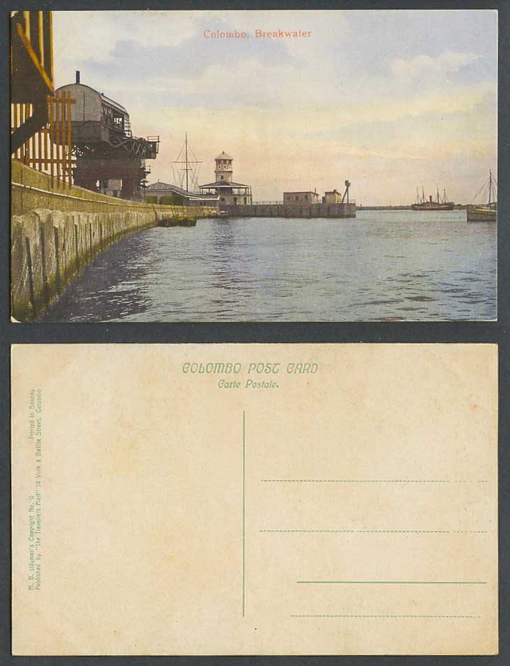 Ceylon Old Colour Postcard Colombo Breakwater Lighthouse Ships Boats and Harbour