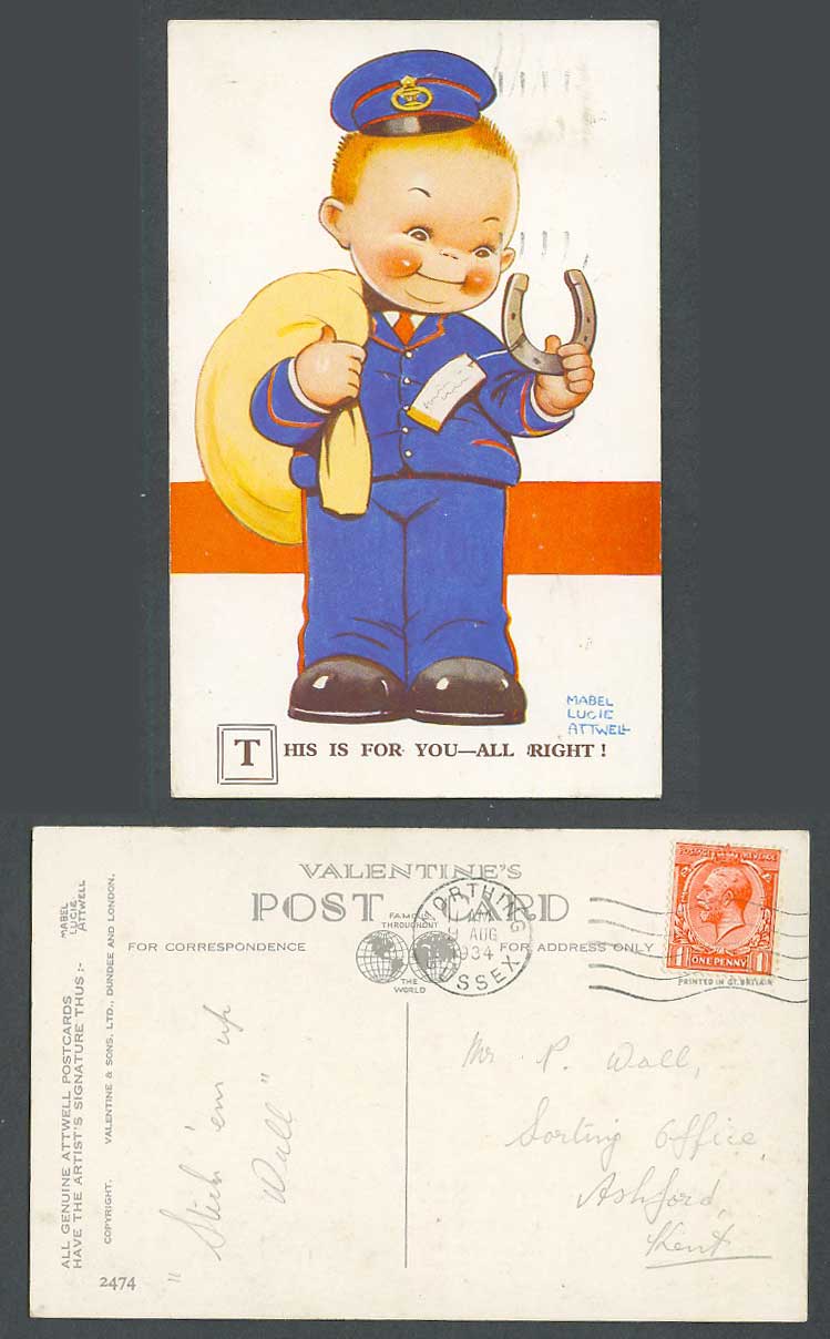 MABEL LUCIE ATTWELL 1934 Old Postcard Postman and Horseshoe This is For You 2474