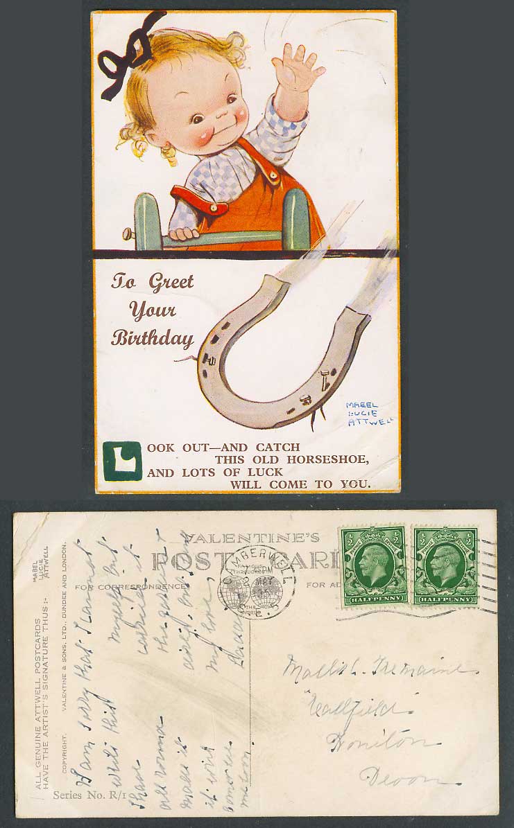 MABEL LUCIE ATTWELL 1935 Old Postcard Birthday Look Out Catch This Horseshoe R/1