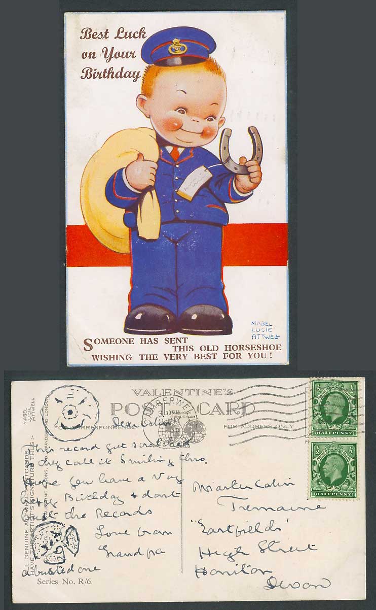 MABEL LUCIE ATTWELL 1935 Old Postcard Postman, Birthday Best Luck, Horseshoe R/6