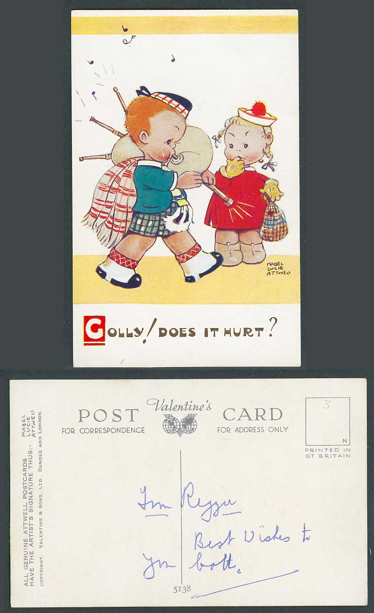 MABEL LUCIE ATTWELL Old Postcard Scottish Boy & Bagpipe Kilts Does It Hurt? 5138