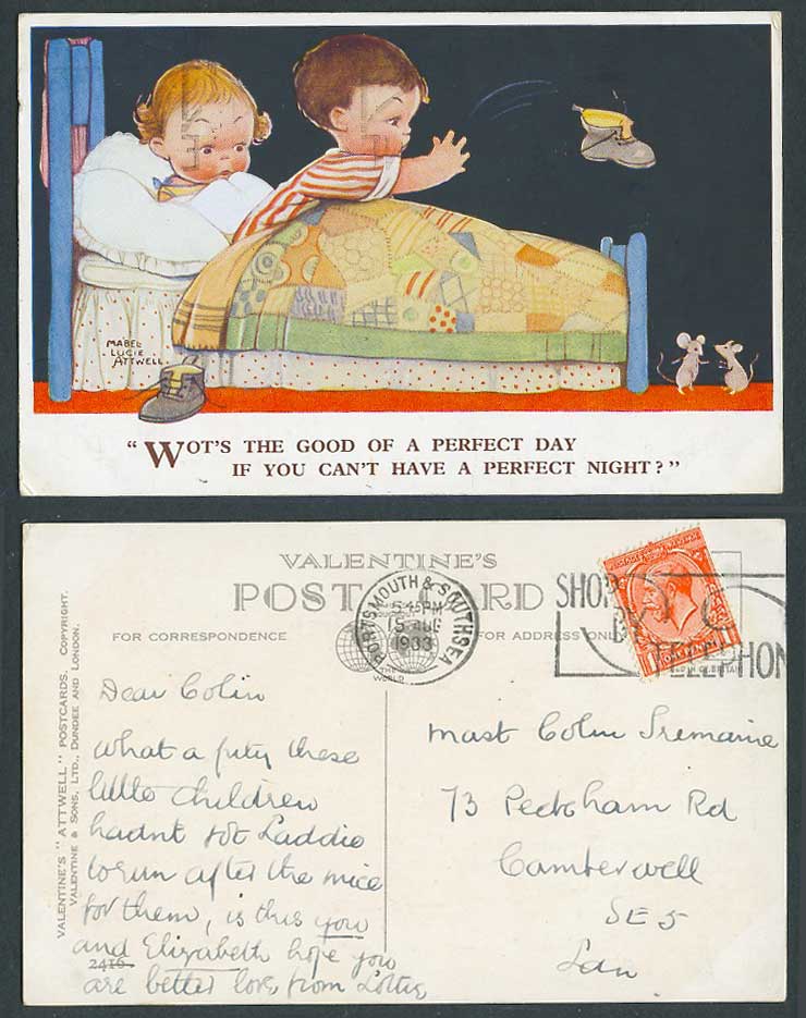 MABEL LUCIE ATTWELL 1933 Old Postcard U Can't Have Perfect Night, Mice Rats 2416