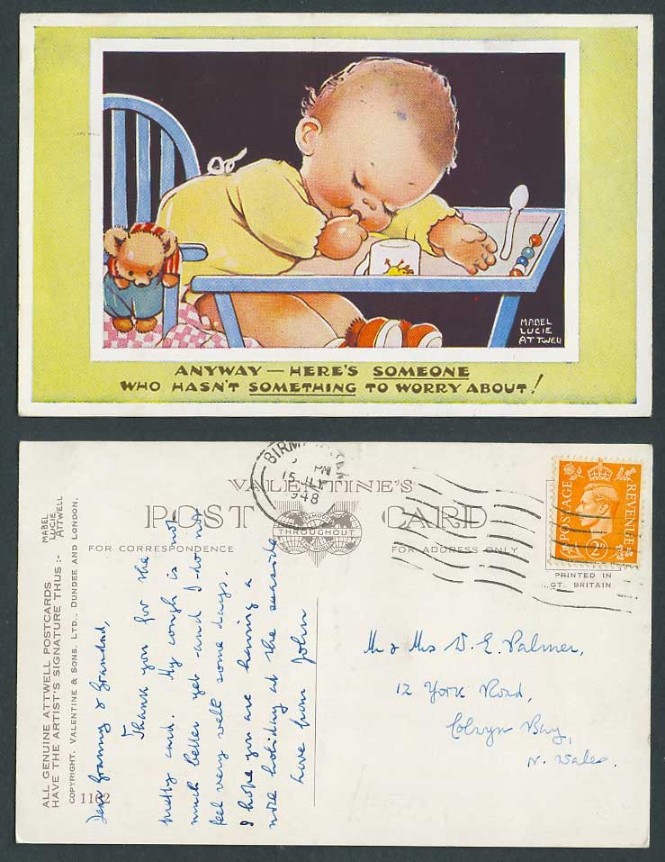 MABEL LUCIE ATTWELL 1948 Old Postcard Teddy Bear, Baby Sucking Thumb, Sleep 1162