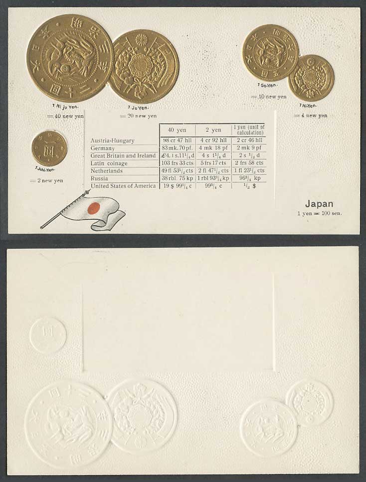 Japan Coin Card Meiji Vintage Coins Japanese National Flag Old Embossed Postcard