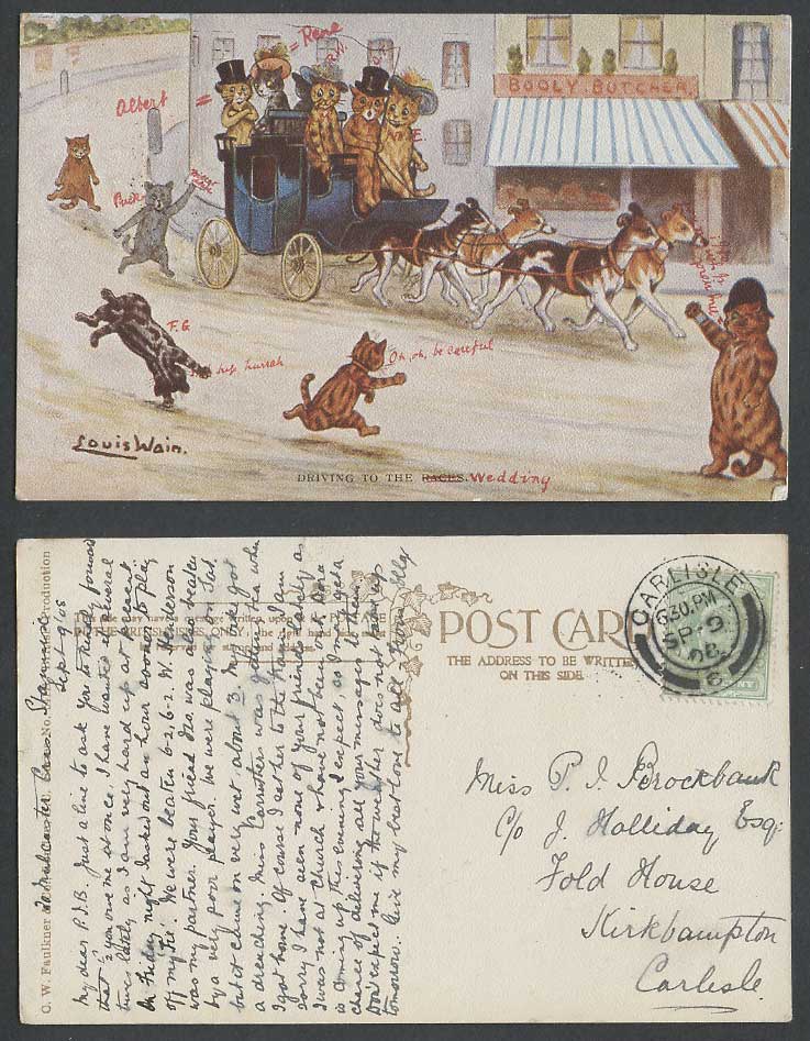 Louis Wain Artist Signed Cats Police Dog Cart Driving To Races 1908 Old Postcard