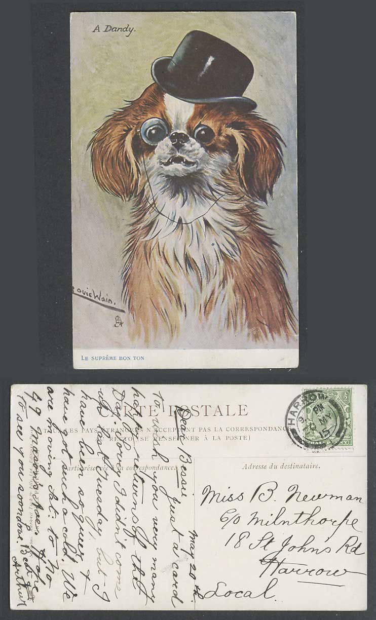 Louis Wain Artist Signed Dog Puppy, A Dandy 1915 Old Postcard Le Supreme Bon Ton