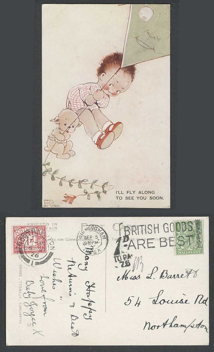 MABEL LUCIE ATTWELL Postage Dues 1926 Old Postcard KITE Fly Along To See You 975