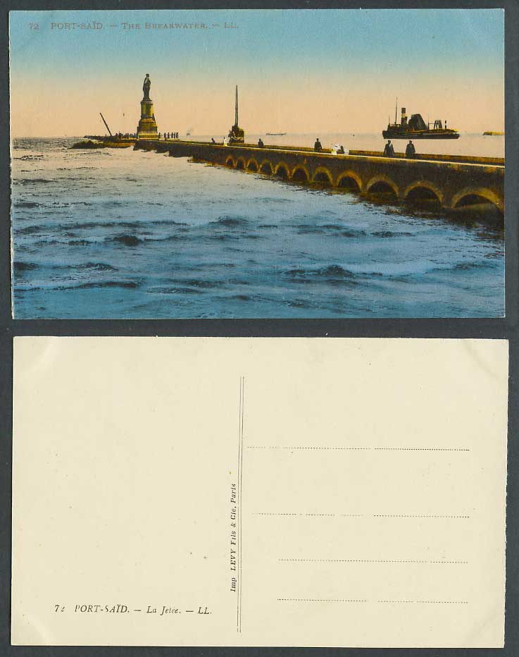 Egypt Old Colour Postcard PORT SAID Breakwater, Lesseps Statue Ship Boat L.L. 72