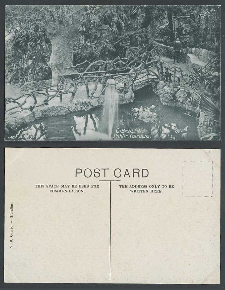 Gibraltar Old Postcard Public Gardens, Bridge Fountain Boy Lake Pond Tree Garden
