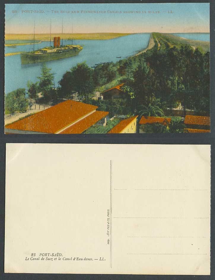 Egypt L.L. 23 Old Colour Postcard Port Said The Suez, Freshwater Canals 14 Miles