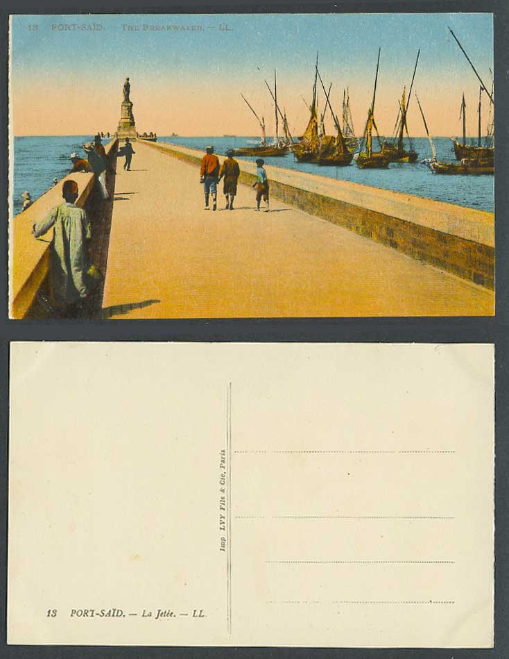 Egypt L.L. 13 Old Postcard Port Said Breakwater Jetty & Ferdinand Lesseps Statue