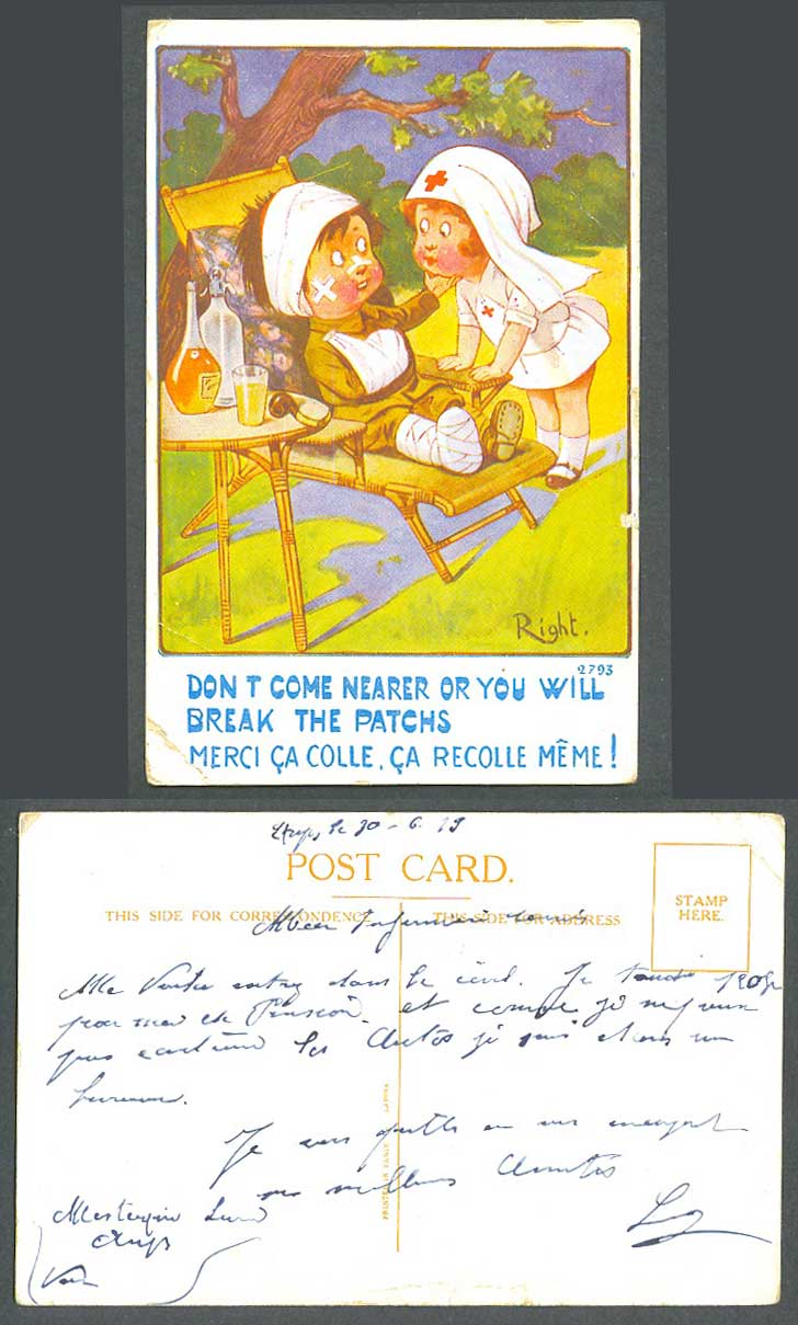 Red Cross Nurse Wounded Soldier Don't come nearer 1919 Old Postcard Right Signed