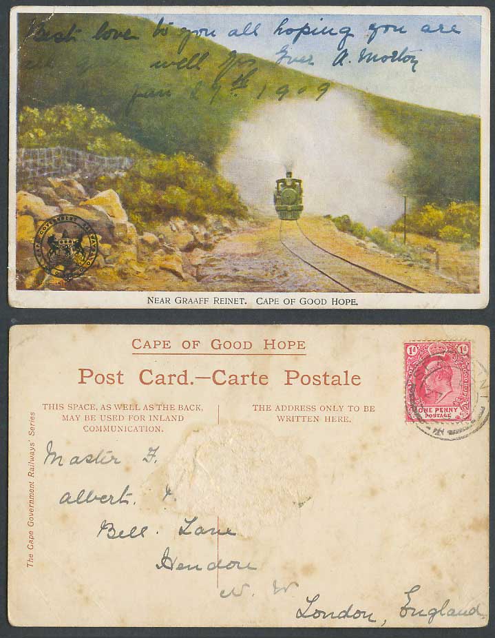 South Africa 1909 Old Postcard Locomotive Train Graaff Reinet, Cape of Good Hope