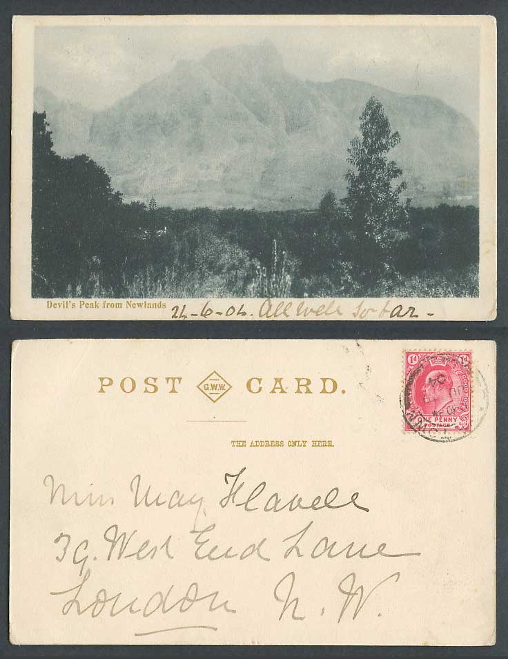 South Africa Devil's Peak from Newlands 1d 1904 Old Postcard Cape Town Mountains