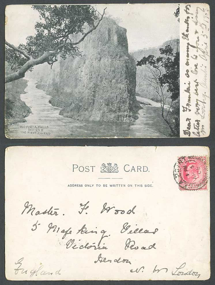 Rhodesia KE7 1d 1905 Old UB Postcard Victoria Falls The First Zig Zag Rock River