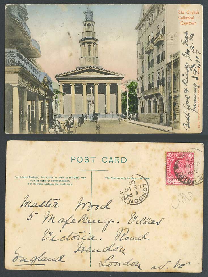 South Africa 1d 1907 Old Hand Tinted Postcard English Cathedral Cape Town Street