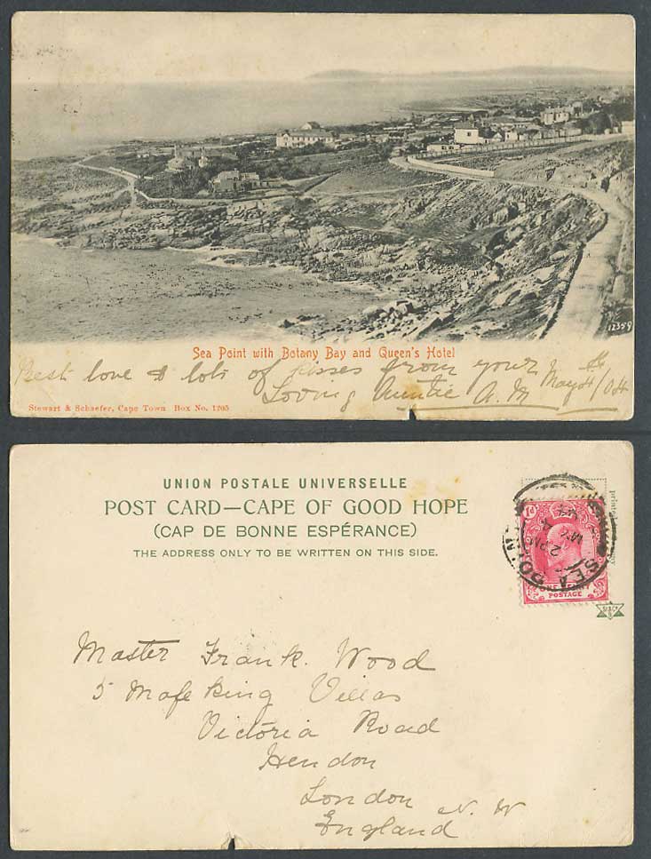 South Africa KE7 1d 1904 Old UB Postcard Sea Point with Botany Bay Queen's Hotel