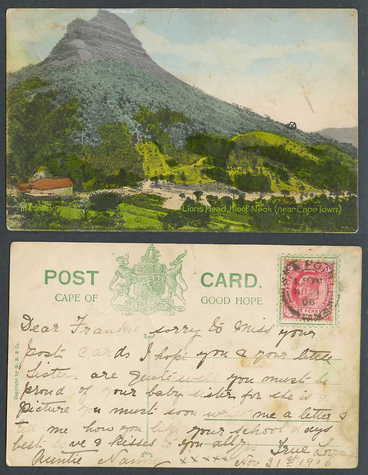 South Africa Kloof Neck Lion's Head near Cape Town 1906 Old Hand Tinted Postcard