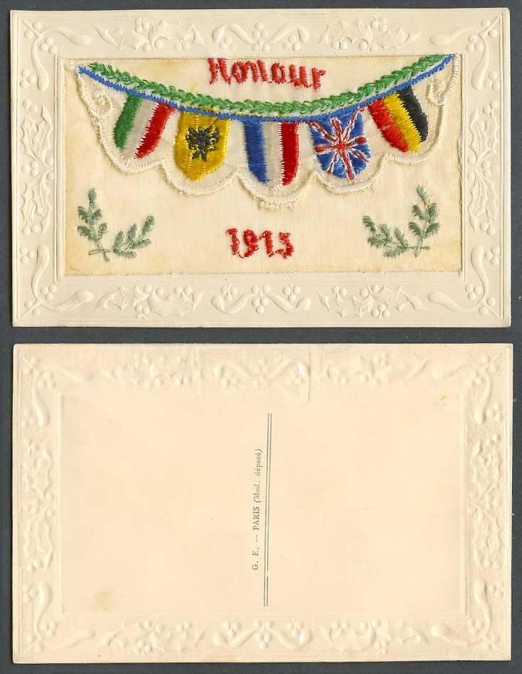 WW1 SILK Embroidered Old Postcard Honour 1918 Flags with Empty Wallet G.E. Paris