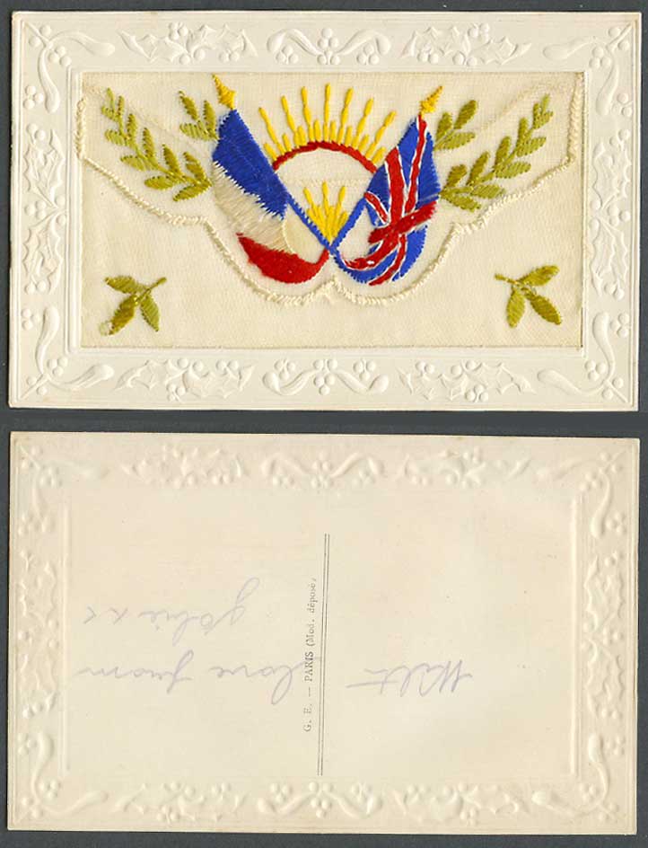 WW1 SILK Embroidered Old Postcard British & French Flags Sun Leaves Empty Wallet
