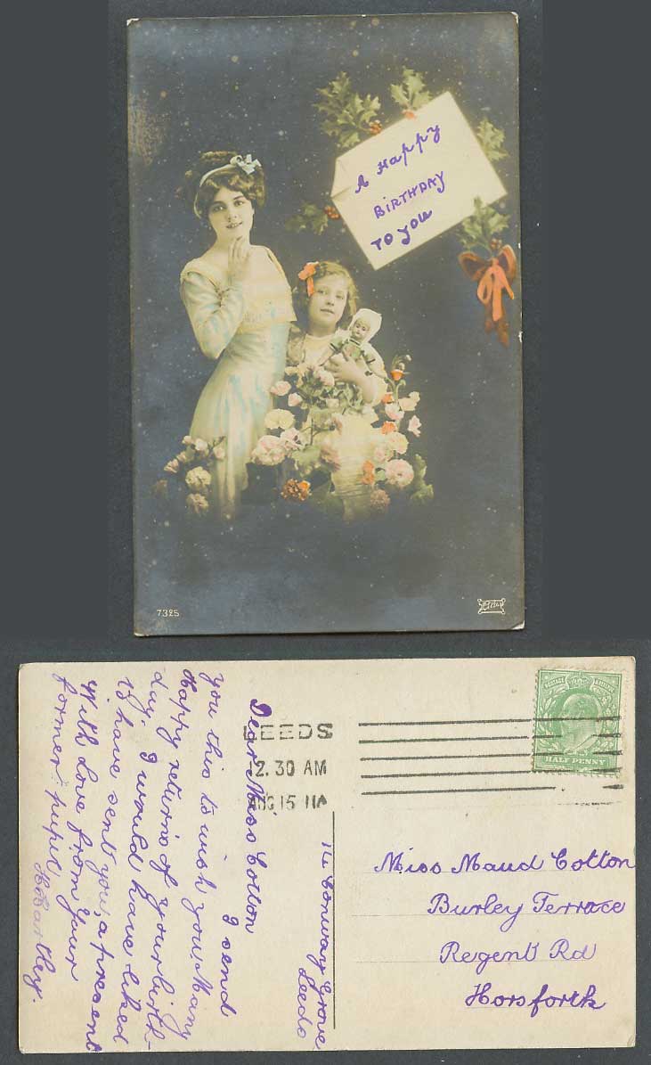 Glamour Lady Woman Little Girl Doll A Happy Birthday Greetings 1911 Old Postcard