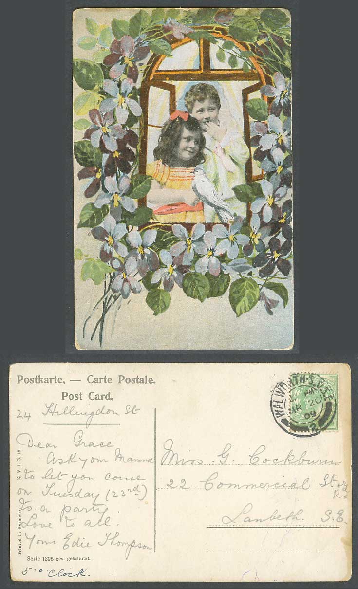 Little Boy and Girl, Window, Dove Bird Flowers Children 1909 Old Colour Postcard