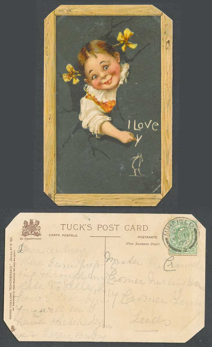 Little Girl drawing a Girl, I Love Y (You), Tuck's Remembrance 1907 Old Postcard