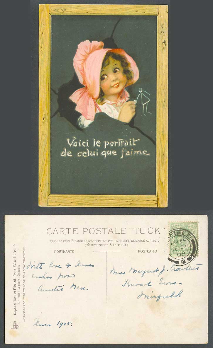 Little Girl drawing a Girl - Portrait of the One I Love 1908 Old Tuck's Postcard
