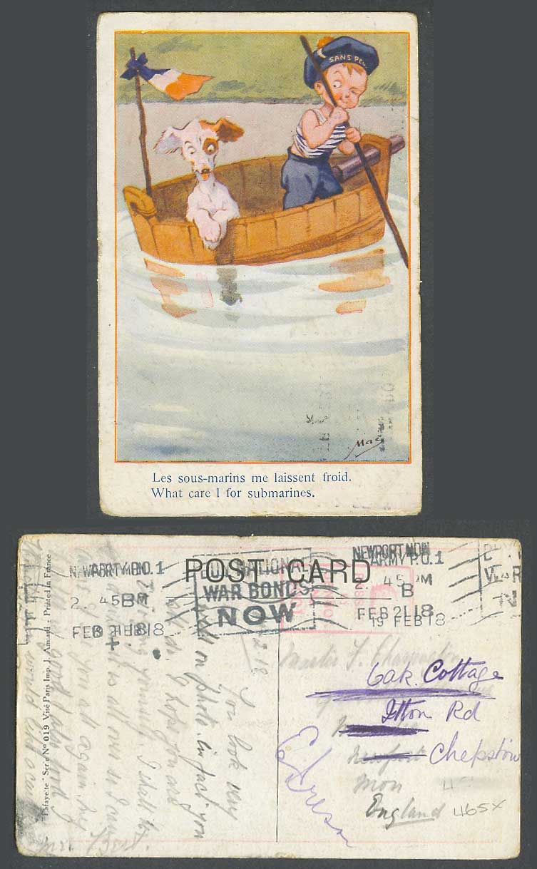 MAC Artist Signed 1918 Old Postcard Dog Puppy Marine, What care I for submarines