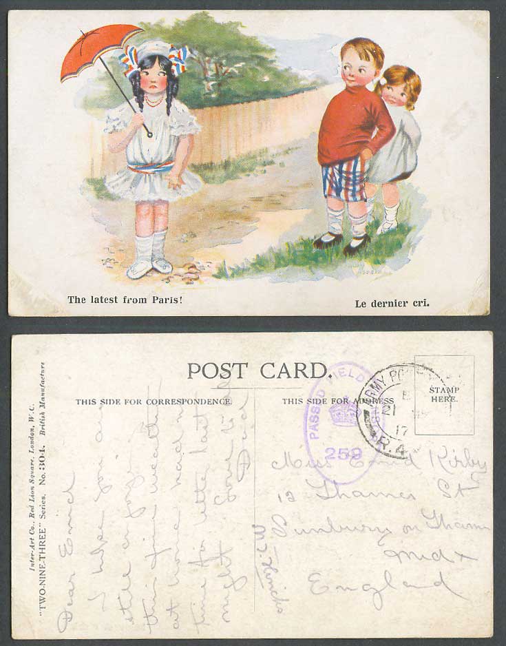 The Latest from Paris! Passed Field Censor No.259 WW1 Censored 1917 Old Postcard