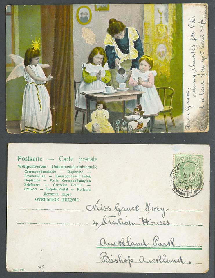 Little Girls Prayer, Girl Angel Doll Dolls Lady Woman Children 1907 Old Postcard