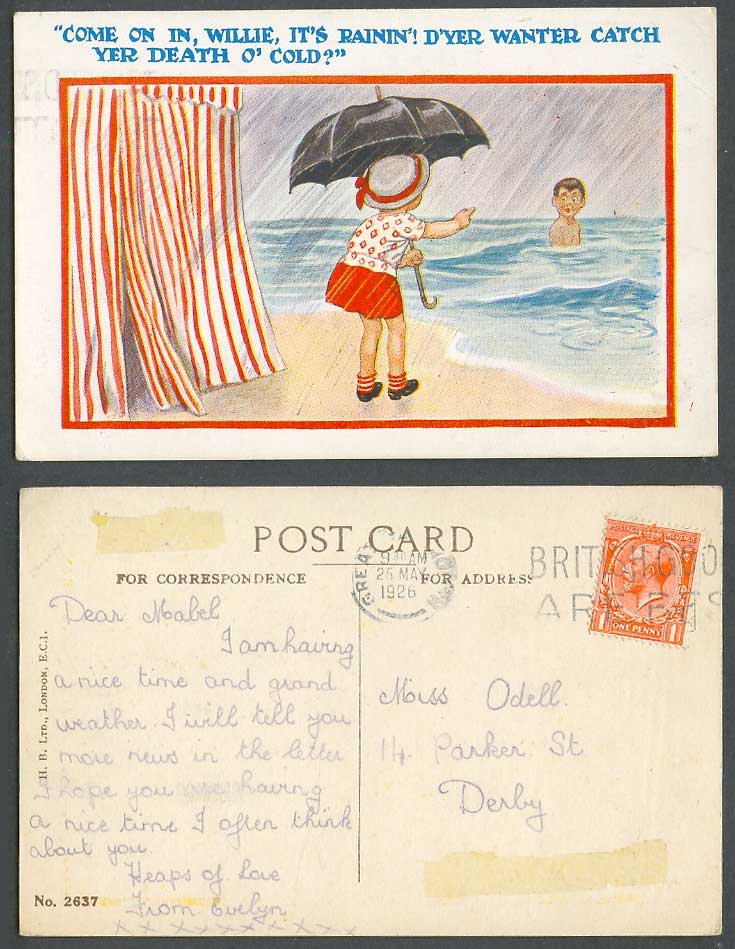 Willie Boy Bather in Sea, Beach Hut Rain Raining Girl Umbrella 1926 Old Postcard
