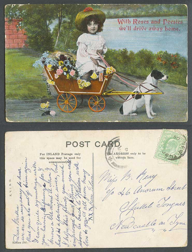 Girl Dog Puppy Cart With Roses & Poesies we'll drive away Home 1908 Old Postcard